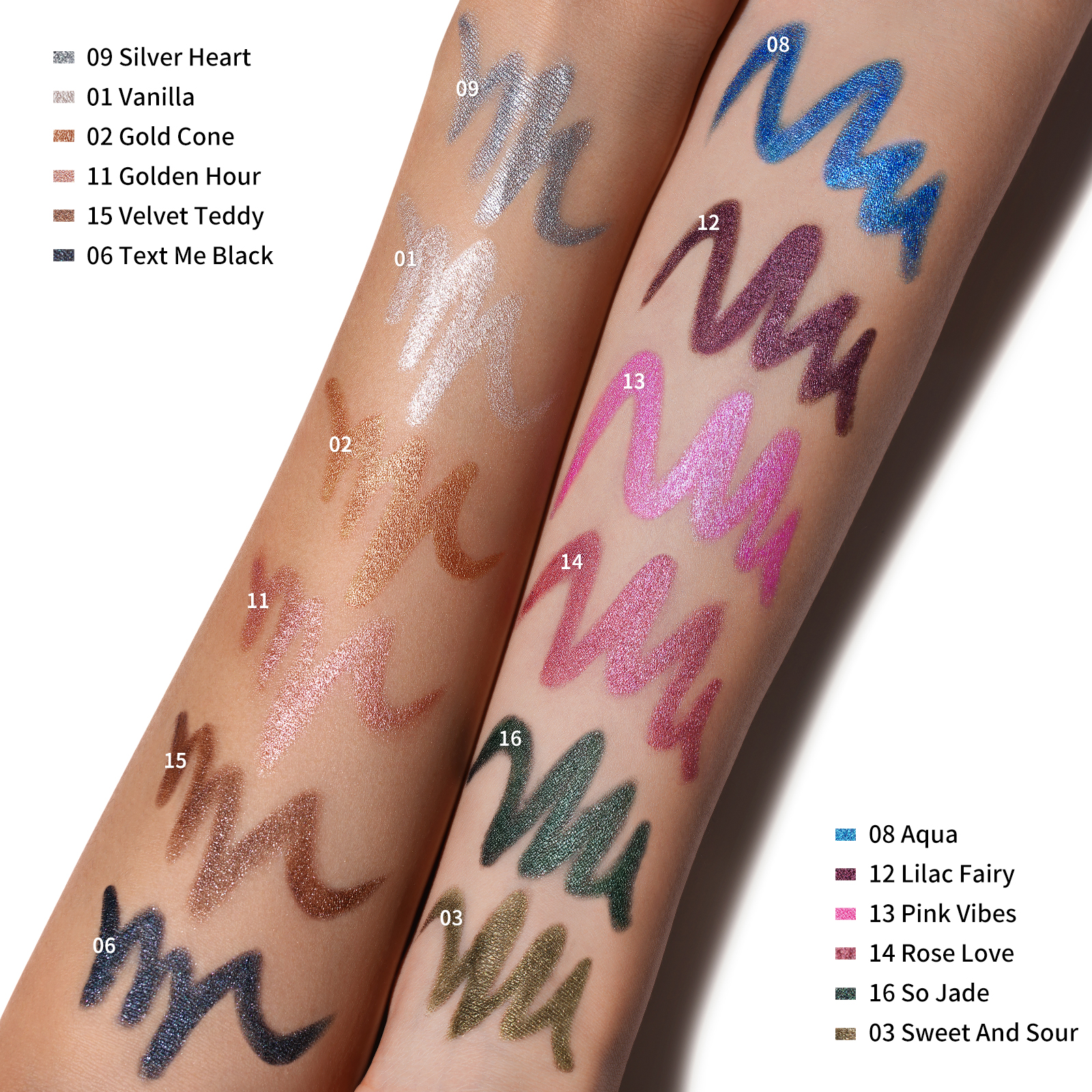 02 Cream Shadow Stick Waterproof-Arm Swatch-12 colors-1600X1600 02 Cream Shadow Stick Waterproof-Arm Swatch-12 colors-1600X1600